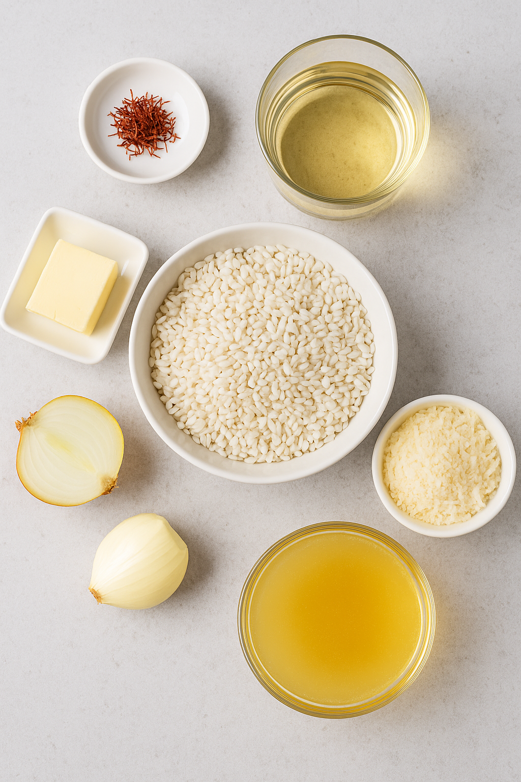 “Ingredients for Risotto alla Milanese – Arborio rice, saffron, butter, onion, Parmesan, white wine, and broth”