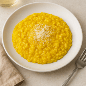 “Risotto alla Milanese saffron risotto served on a plate”