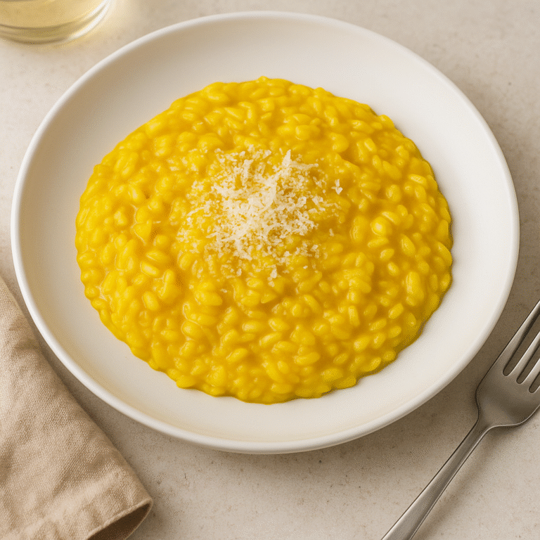 “Risotto alla Milanese saffron risotto served on a plate”