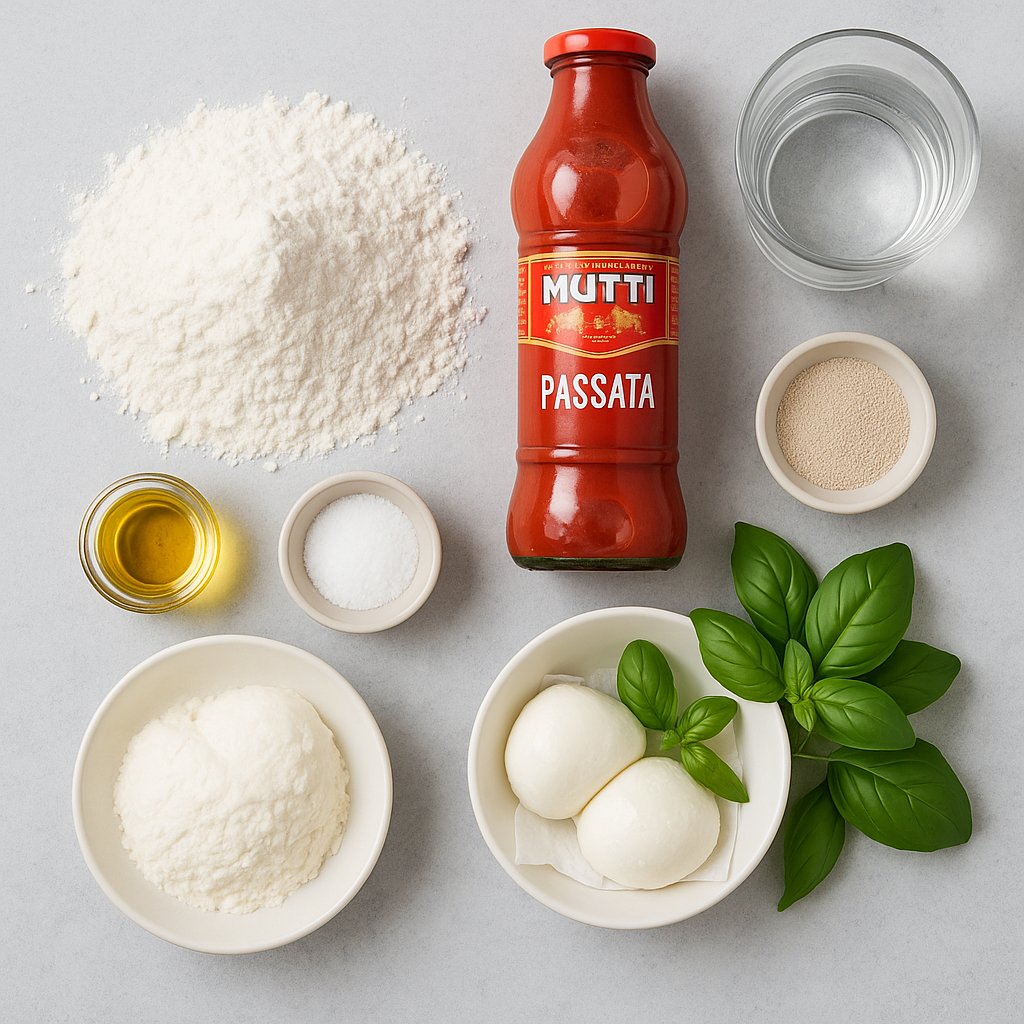 Pizza Margherita ingredients: Italian 00 flour, mozzarella, tomato passata, basil, olive oil, yeast, salt, water.