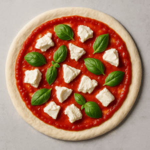 Uncooked Pizza Margherita with tomato sauce, mozzarella, and fresh basil before baking.