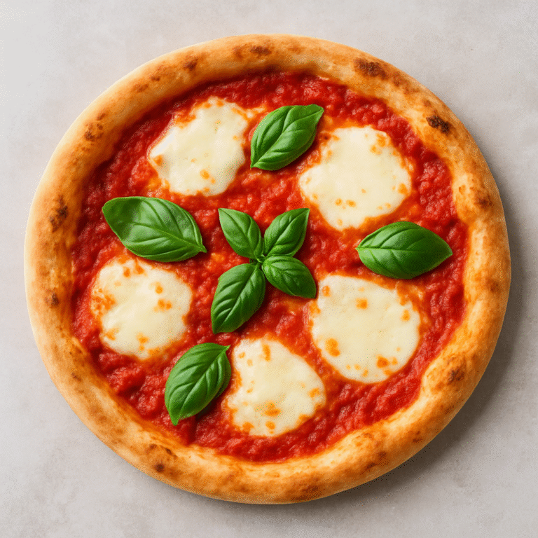 Authentic Pizza Margherita with golden crust, melted mozzarella, and fresh basil leaves.