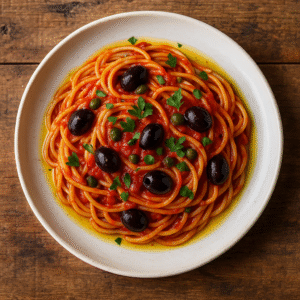 Authentic Italian Pasta alla Puttanesca served with parsley garnish
