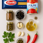 Ingredients for Pasta alla Puttanesca – spaghetti, anchovies, tomatoes, olives, capers
