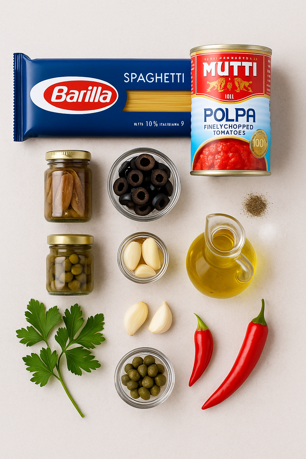 Ingredients for Pasta alla Puttanesca – spaghetti, anchovies, tomatoes, olives, capers