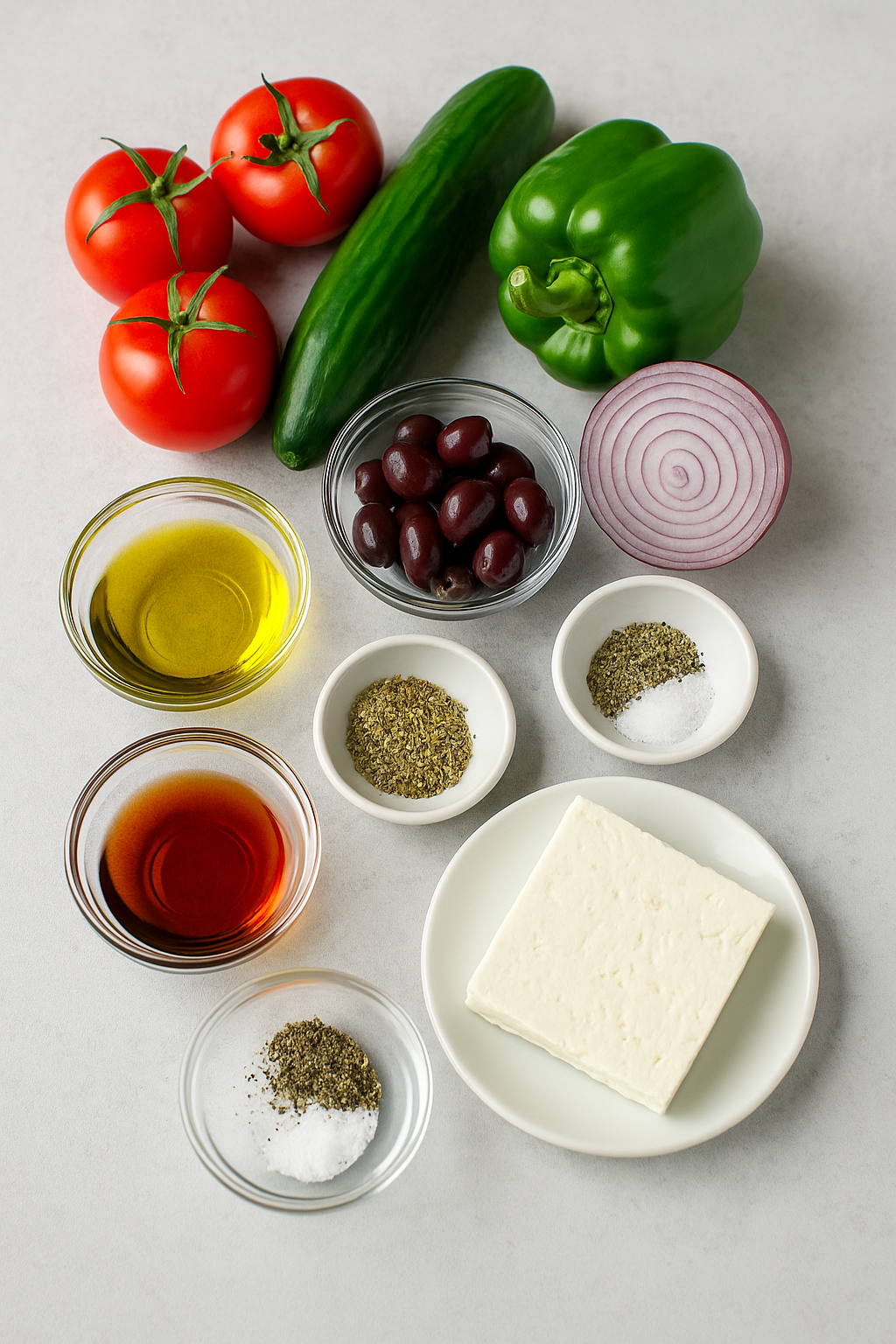 Greek Salad ingredients – tomatoes, cucumber, red onion, green pepper, feta, olives, olive oil, vinegar, oregano