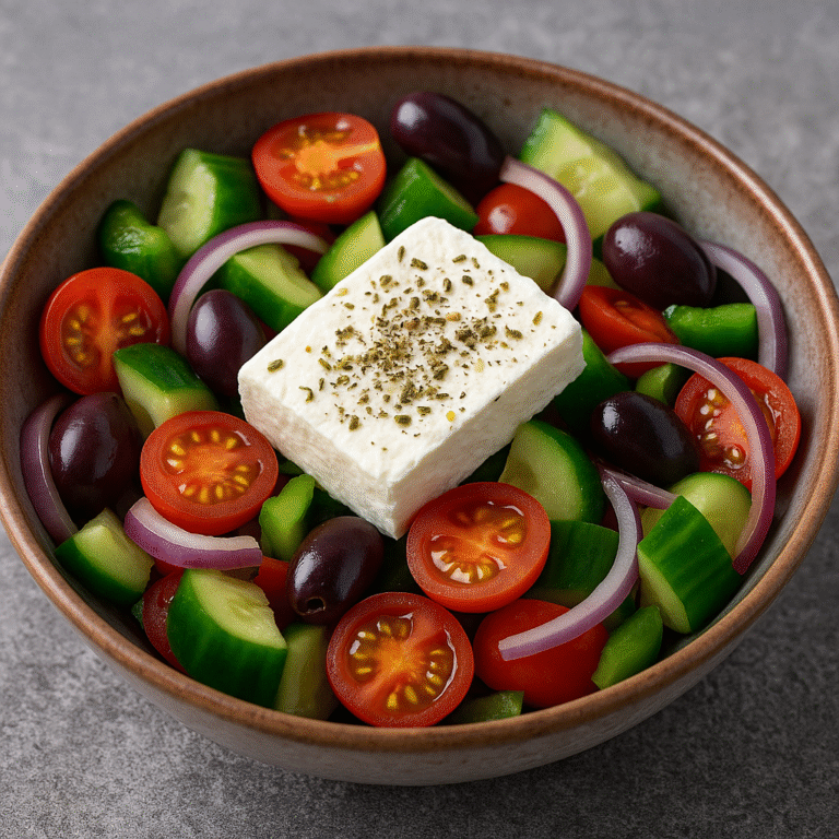 Greek Salad final dish – authentic Mediterranean salad with fresh tomatoes, cucumber, onion, green pepper, Kalamata olives, and feta cheese