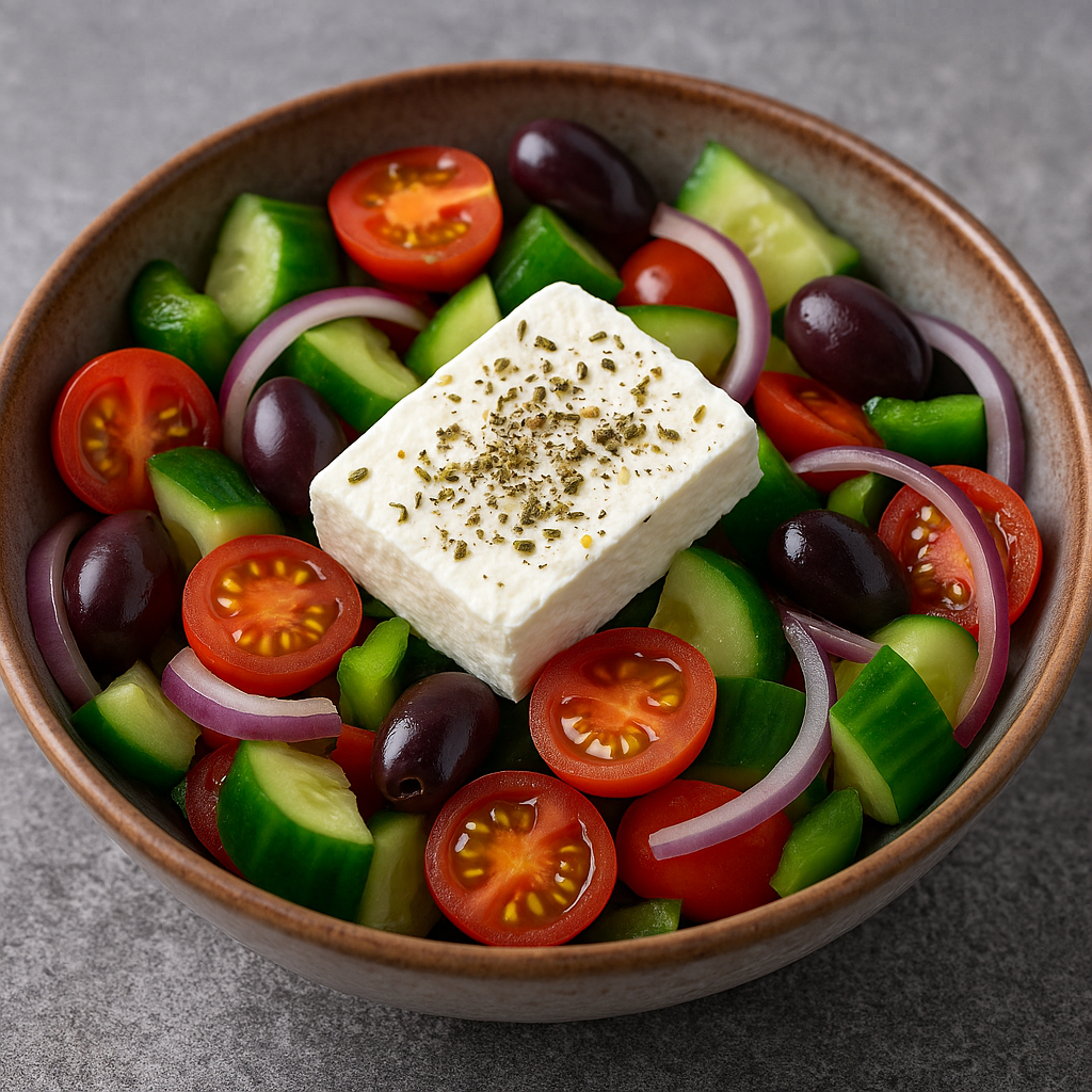 Greek Salad final dish – authentic Mediterranean salad with fresh tomatoes, cucumber, onion, green pepper, Kalamata olives, and feta cheese