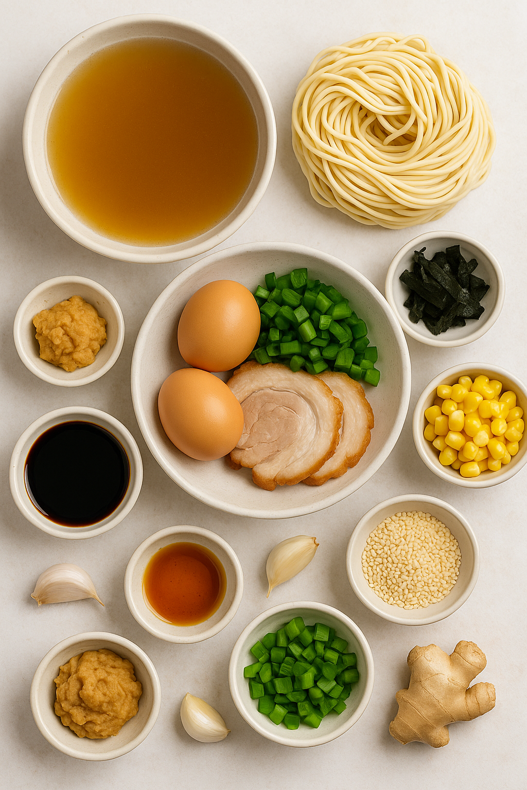 Ingredients for authentic Japanese ramen recipe – noodles, broth, pork, egg, miso, soy sauce, corn, nori, sesame seeds