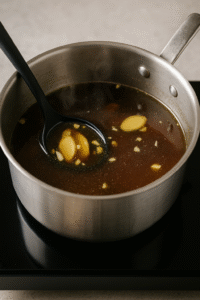 Cooking broth for authentic Japanese ramen with garlic and ginger