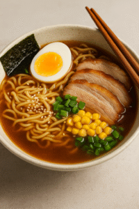 Authentic Japanese ramen served with pork, egg, corn, green onions and nori