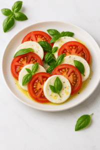 Caprese Salad beautifully arranged with tomatoes, mozzarella, basil, olive oil, and balsamic glaze.