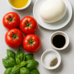 Fresh ingredients for Caprese Salad: ripe tomatoes, fresh mozzarella, basil leaves, olive oil, balsamic vinegar, sea salt, and black pepper arranged on a table.
