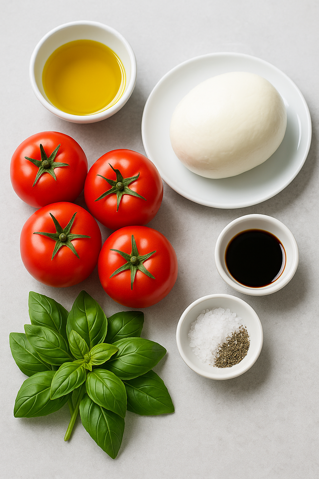 Fresh ingredients for Caprese Salad: ripe tomatoes, fresh mozzarella, basil leaves, olive oil, balsamic vinegar, sea salt, and black pepper arranged on a table.