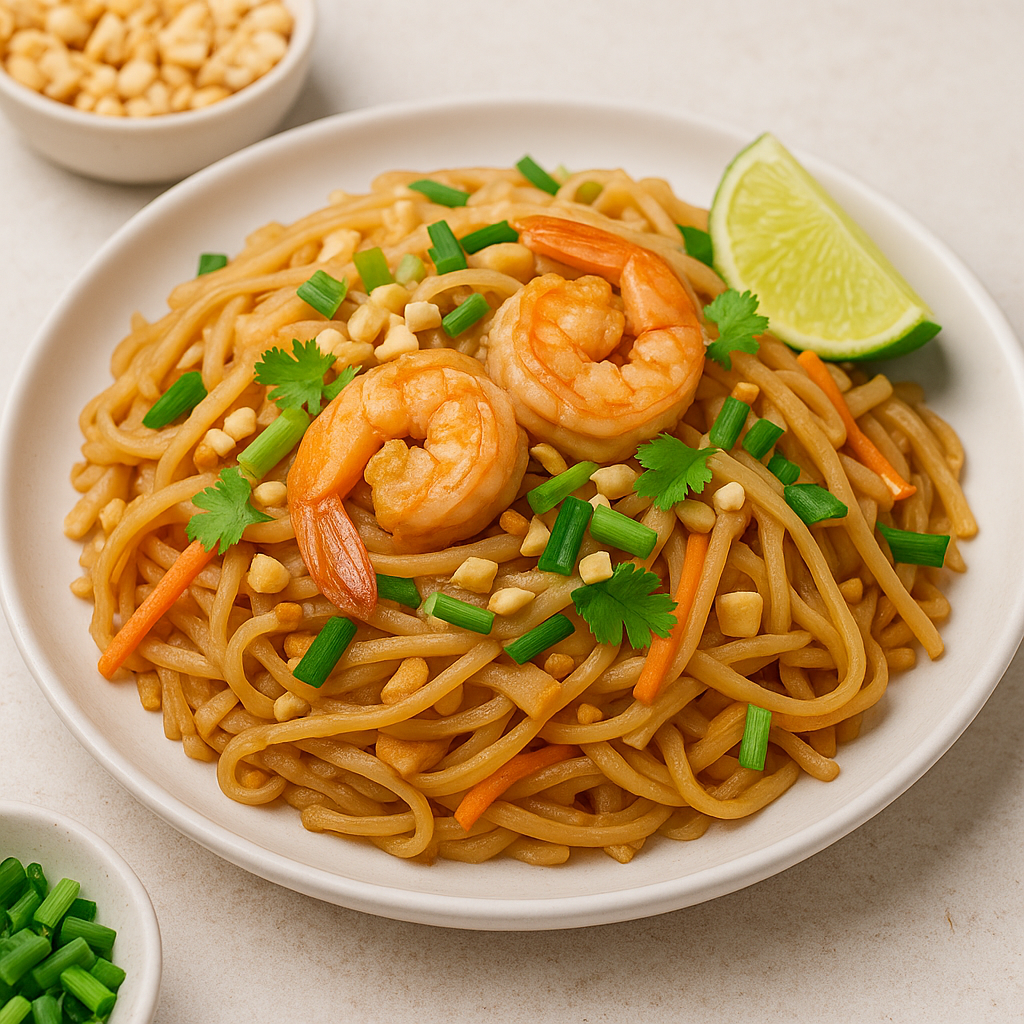 Authentic Pad Thai served with shrimp, rice noodles, peanuts, bean sprouts, spring onions, and lime on a plate.
