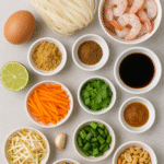 Pad Thai ingredients including rice noodles, shrimp, eggs, bean sprouts, peanuts, garlic, tamarind paste, fish sauce, soy sauce, and lime.