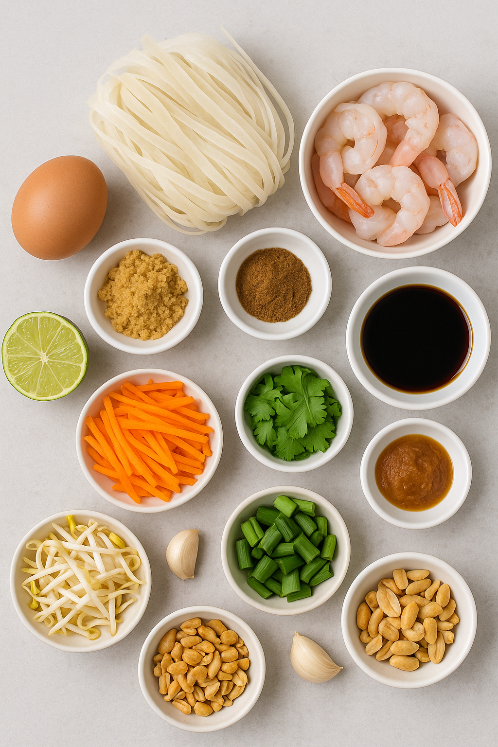 Pad Thai ingredients including rice noodles, shrimp, eggs, bean sprouts, peanuts, garlic, tamarind paste, fish sauce, soy sauce, and lime.
