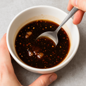 Preparing Pad Thai sauce in a small bowl with tamarind paste, fish sauce, soy sauce, brown sugar, and chili being mixed with a spoon.