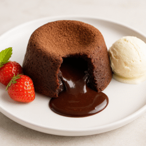 Chocolate Lava Cake served on a white plate with molten chocolate center, garnished with vanilla ice cream, fresh berries, and powdered sugar.