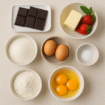 Ingredients for Chocolate Lava Cake including dark chocolate, butter, sugar, eggs, flour, cocoa powder, and salt arranged neatly on a kitchen counter.