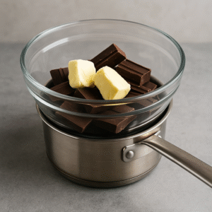Melting dark chocolate and butter in a glass bowl over a double boiler, the essential step for preparing Chocolate Lava Cake batter.