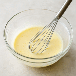 Whisking eggs and sugar in a clear bowl until pale and fluffy, an important preparation step for making Chocolate Lava Cake at home.
