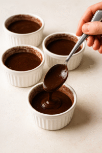 Chocolate Lava Cake batter being poured into four white ramekins dusted with cocoa powder, prepared for baking on a kitchen counter.