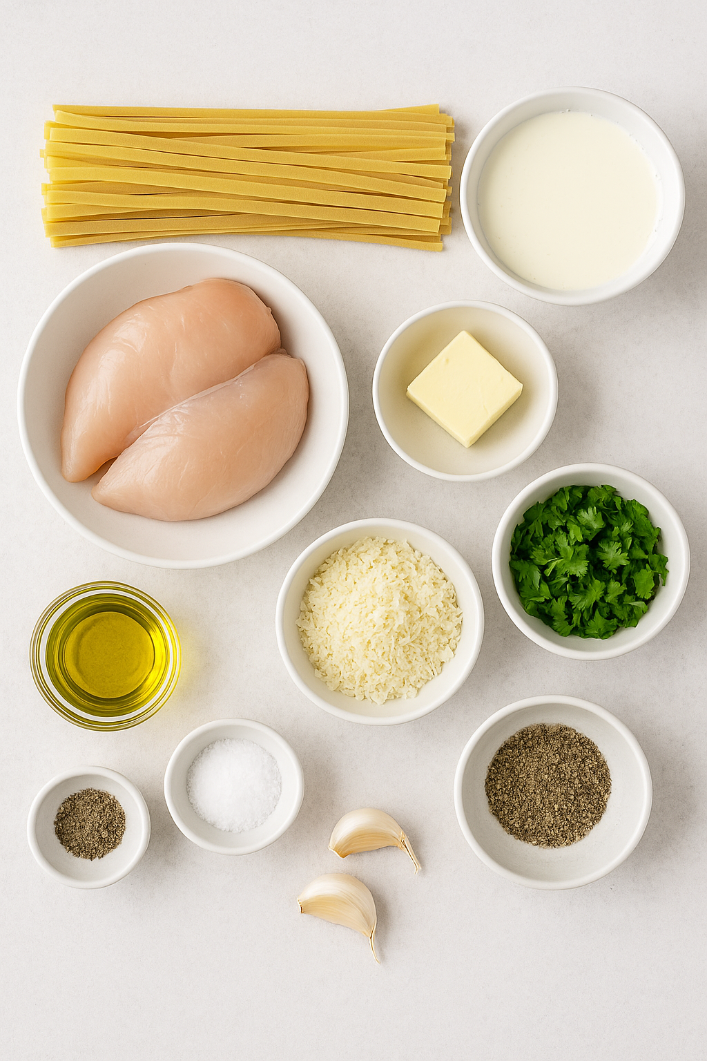 Ingredients for Chicken Alfredo Pasta including fettuccine, chicken breast, garlic, butter, cream, parmesan, and parsley arranged on a kitchen counter.