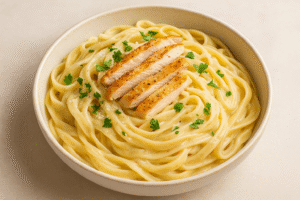 Delicious Chicken Alfredo Pasta served in a bowl with creamy parmesan sauce, tender chicken strips, and fresh parsley.