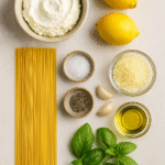 Lemon Ricotta Pasta ingredients – spaghetti, ricotta, lemons, Parmesan, garlic, basil, olive oil