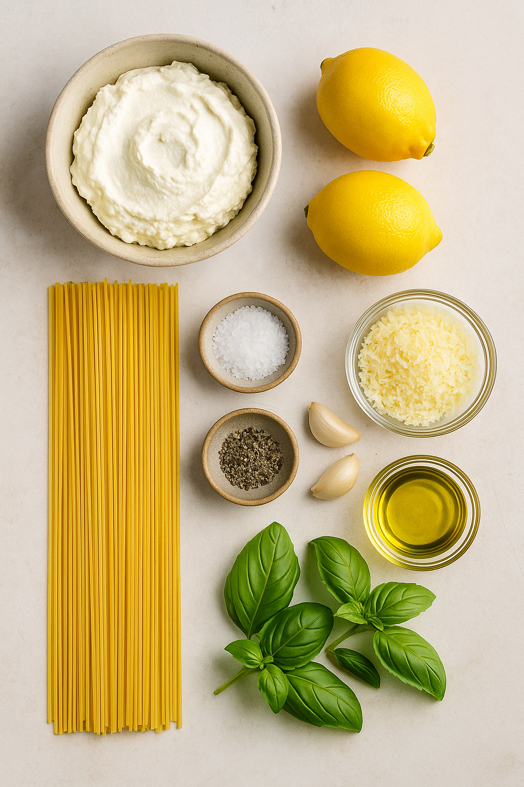 Lemon Ricotta Pasta ingredients – spaghetti, ricotta, lemons, Parmesan, garlic, basil, olive oil