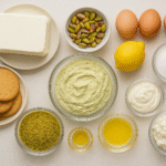 Pistachio Cheesecake ingredients – biscuits, pistachios, butter, cream cheese, ricotta, eggs, lemon, sugar