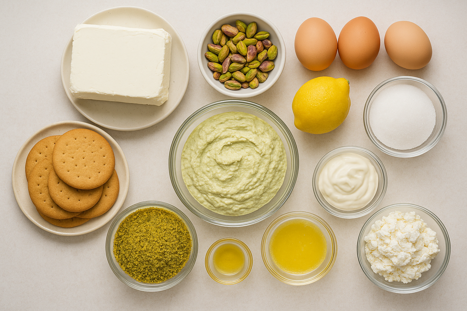 Pistachio Cheesecake ingredients – biscuits, pistachios, butter, cream cheese, ricotta, eggs, lemon, sugar
