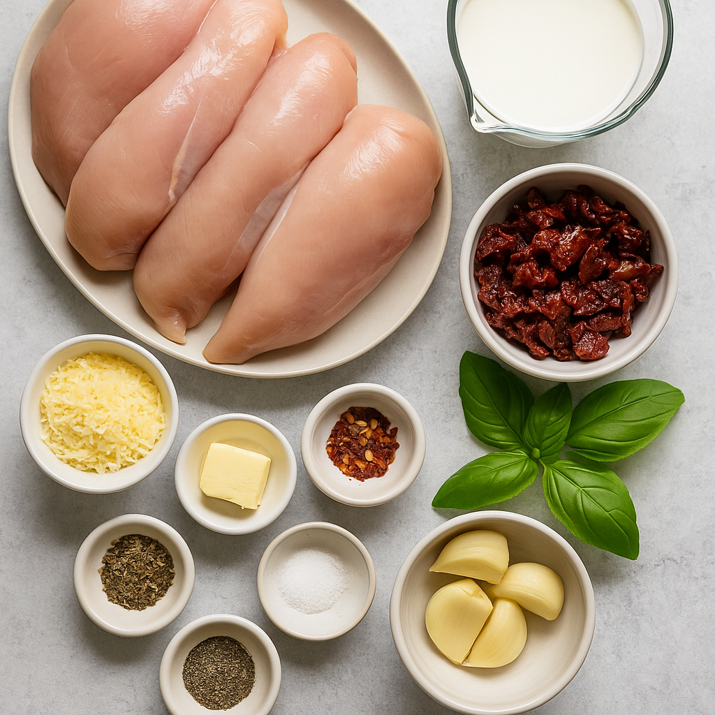 Marry Me Chicken ingredients – chicken breasts, cream, Parmesan, sun-dried tomatoes, garlic, butter, basil