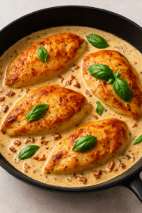How to make Marry Me Chicken step 3 – chicken simmering in creamy sun-dried tomato sauce with basil
