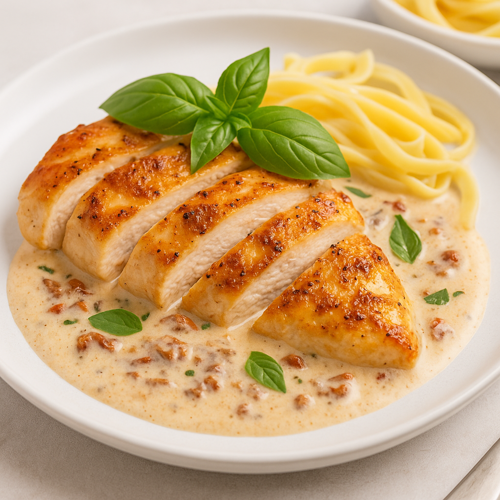 Marry Me Chicken final dish served with creamy sun-dried tomato sauce, basil garnish and pasta