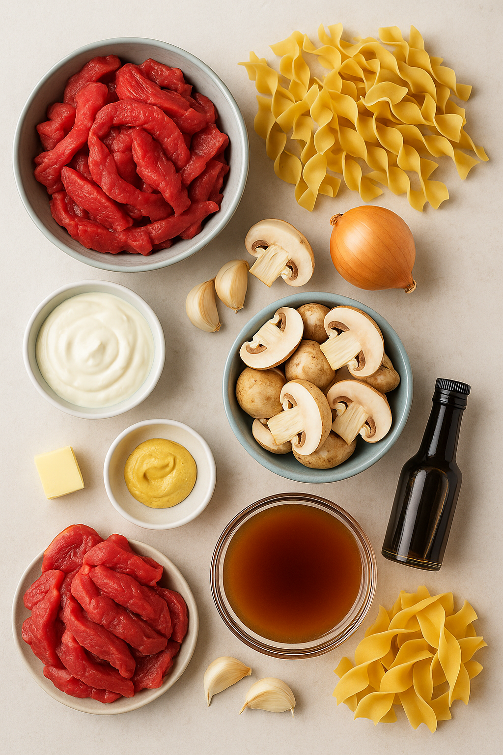 Beef Stroganoff ingredients – beef strips, mushrooms, onion, garlic, sour cream, broth, noodles, mustard, butter