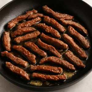 How to make Beef Stroganoff step 1 – searing beef strips in skillet with butter and oil