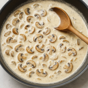 How to make Beef Stroganoff step 3 – creamy mushroom sour cream sauce in skillet