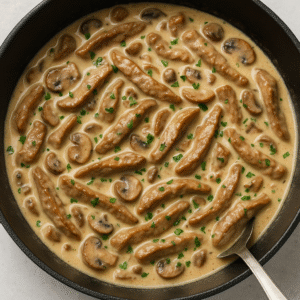 How to make Beef Stroganoff step 4 – beef strips simmering in creamy mushroom sauce with parsley