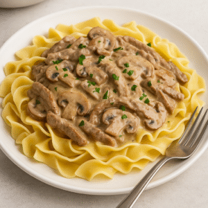 Classic Beef Stroganoff final dish served over egg noodles with creamy mushroom sauce and parsley garnish