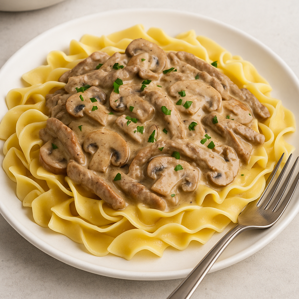 Classic Beef Stroganoff final dish served over egg noodles with creamy mushroom sauce and parsley garnish