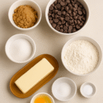 Chocolate Chip Cookies ingredients – flour, butter, sugars, eggs, vanilla and chocolate chips