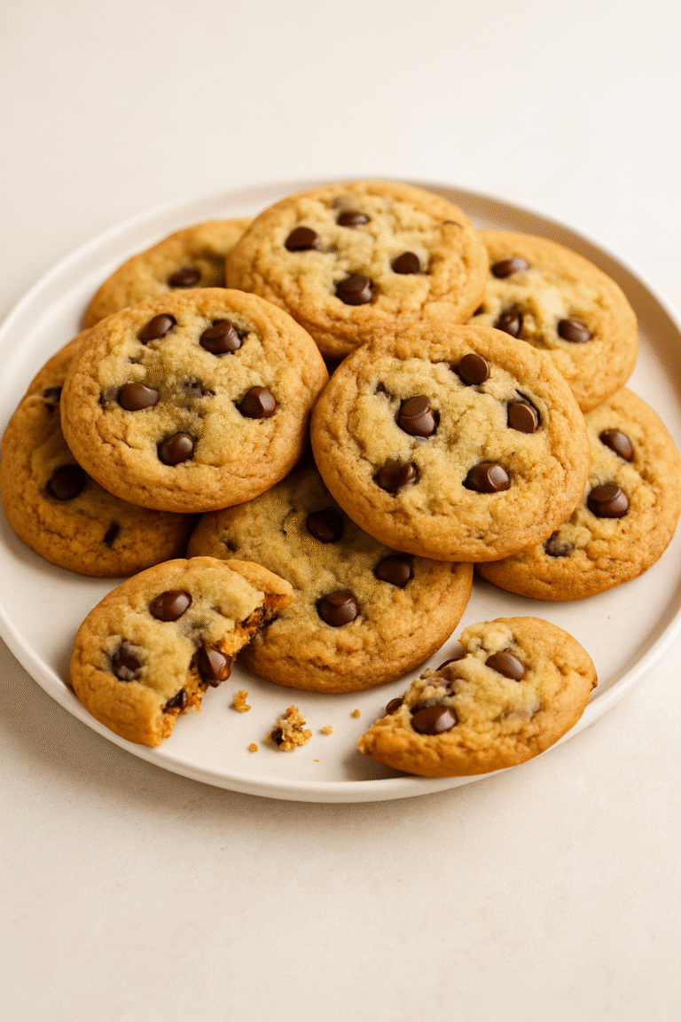 Chocolate Chip Cookies final dish – golden brown cookies with melty chocolate chips