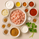 Butter Chicken ingredients – yogurt, chicken, garlic, ginger, tomatoes, cream, butter, and spices