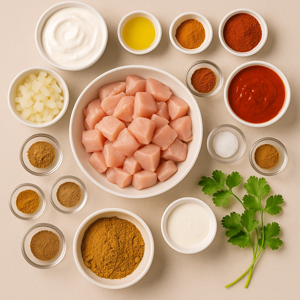 Butter Chicken ingredients – yogurt, chicken, garlic, ginger, tomatoes, cream, butter, and spices