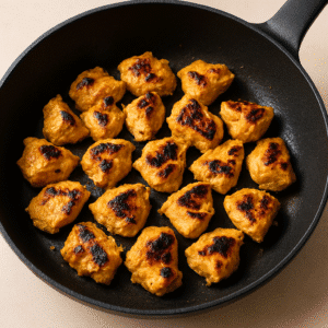Butter Chicken step 2 – marinated chicken pieces seared in a hot pan until lightly browned