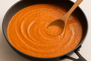 Butter Chicken step 3 – creamy tomato sauce simmering with spices in a pan