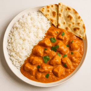 Butter Chicken final dish – creamy Indian curry served with basmati rice and naan, garnished with cilantro