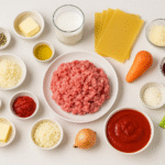 All ingredients for Lasagna alla Bolognese arranged on a table – ground beef, pasta sheets, onion, carrot, celery, tomato passata, parmesan, butter, milk, olive oil, and red wine.